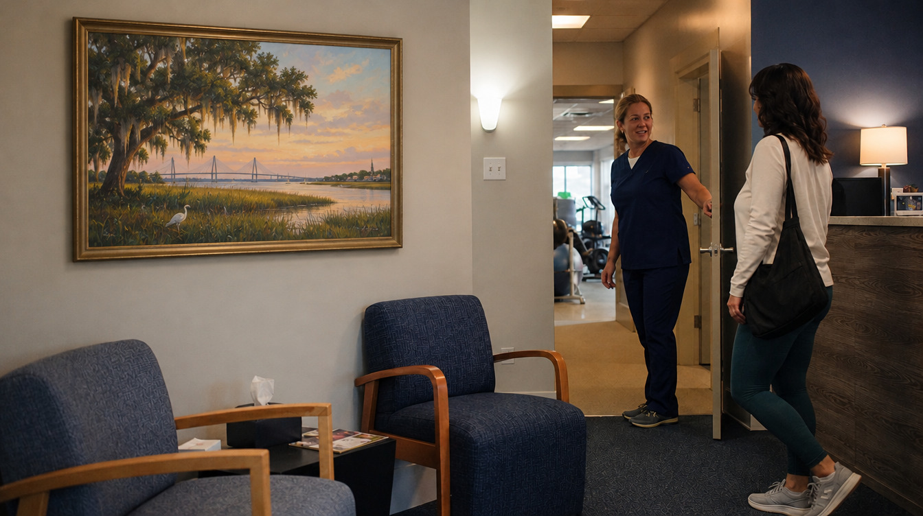 Physical therapist in navy scrubs holding the door and welcoming a patient in the lobby of a Charleston-area physical therapy clinic, beneath a painting of the Ravenel Bridge over the marsh, with exercise equipment visible down the hall