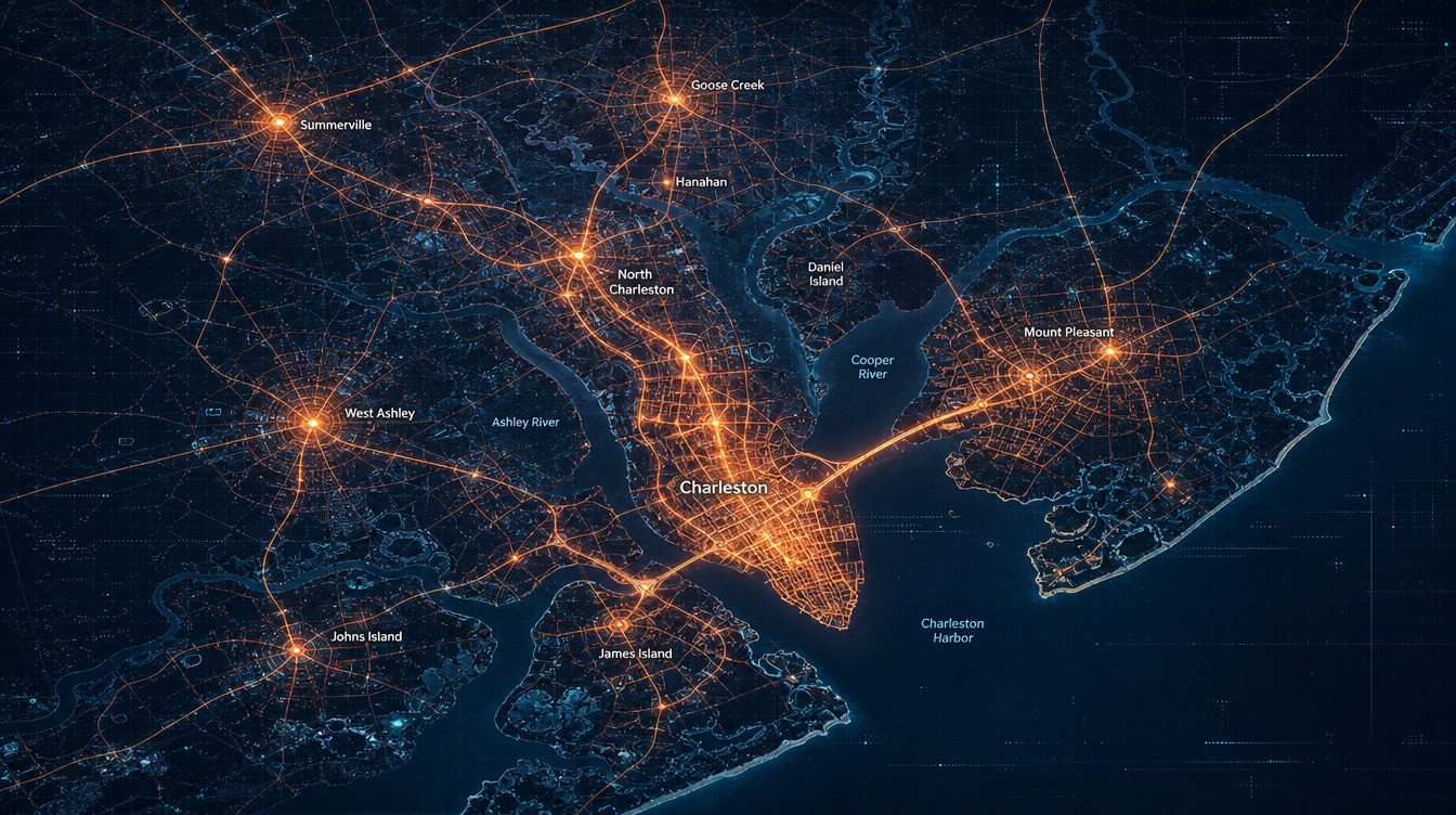 Night map of the Charleston area highlighting Summerville, Goose Creek, Hanahan, North Charleston, Daniel Island, Mount Pleasant, West Ashley, Charleston, James Island and Johns Island