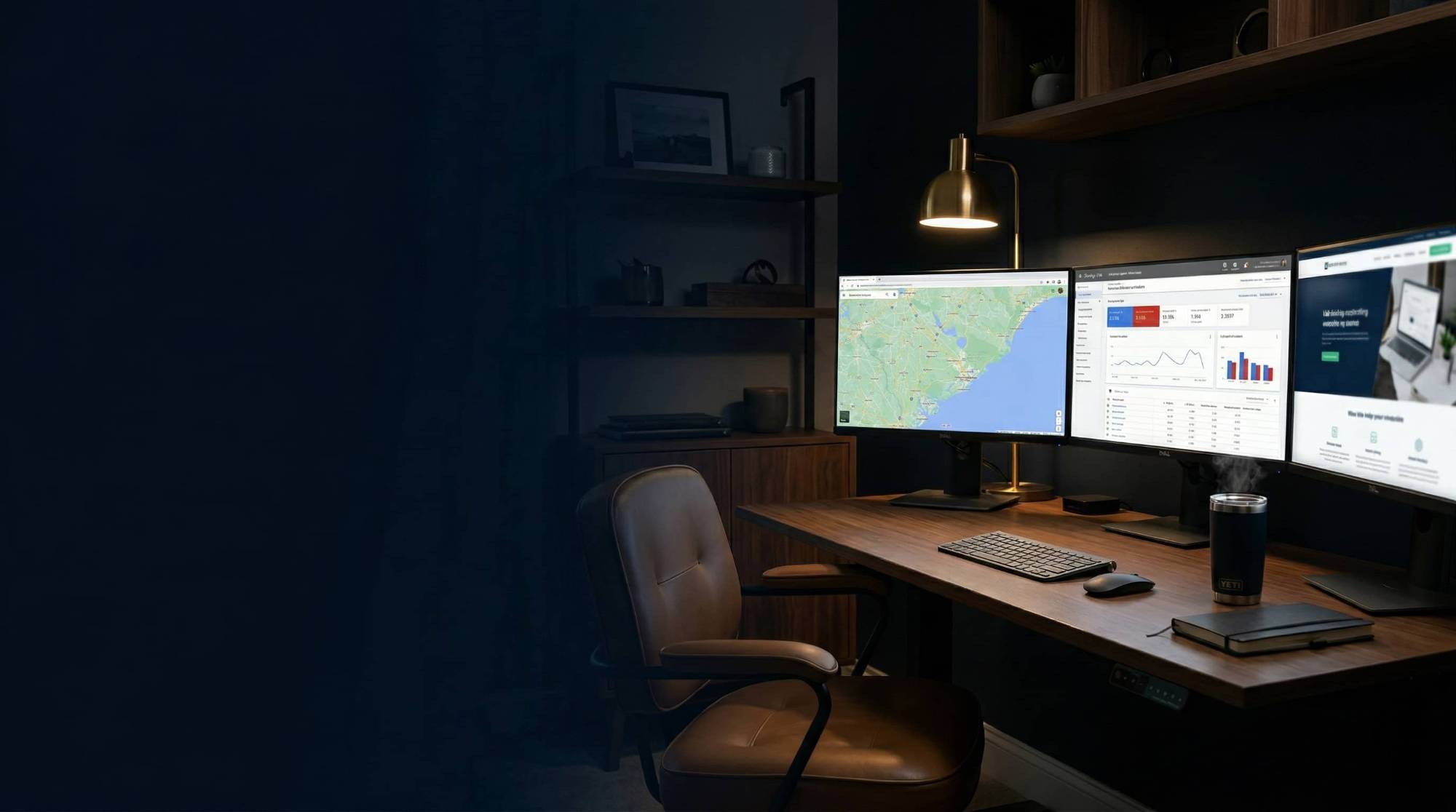 Charleston web design office at night with monitors showing a South Carolina map, a website analytics dashboard, and a small business website