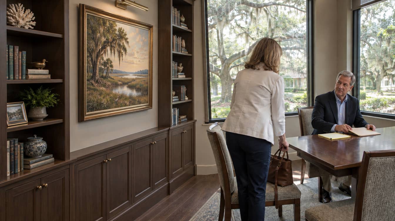 Client arriving for a consultation in a lawyer’s office, with Lowcountry artwork and live oaks draped in Spanish moss outside the windows.
