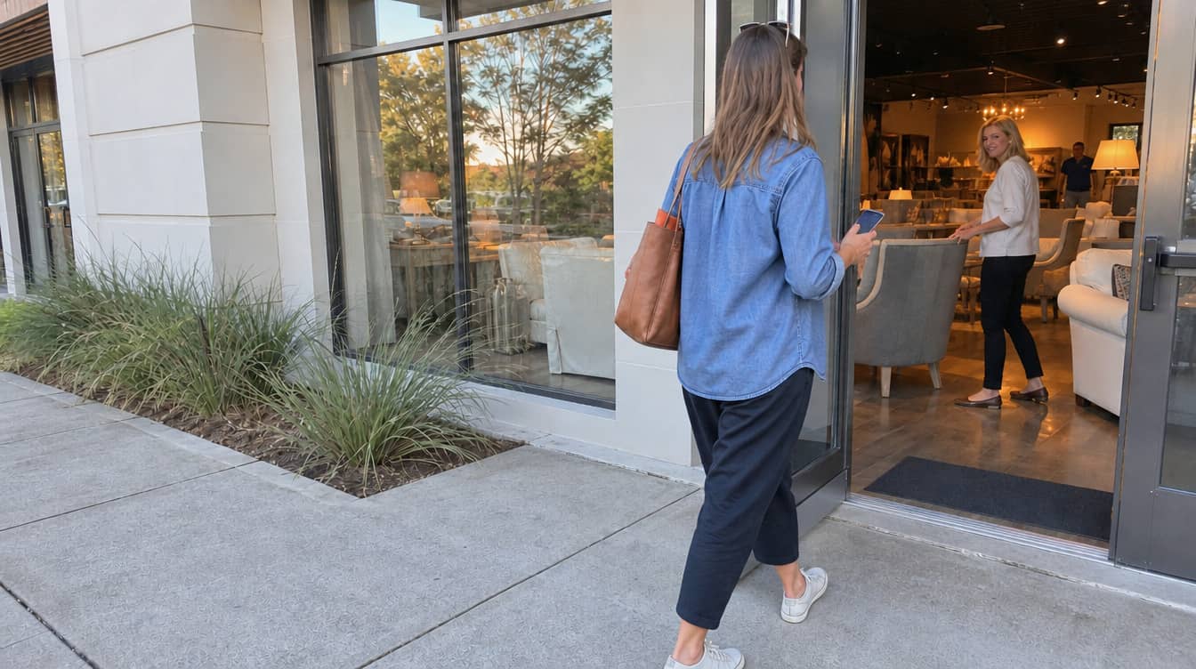 Customer holding her phone as she walks into a local Charleston-area home furnishings store while an employee welcomes her inside
