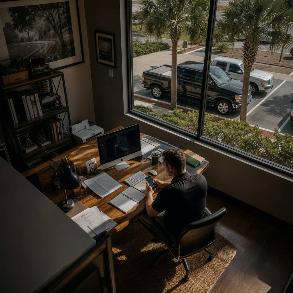 Summerville, SC, business owner scrolling an iPhone at an office desk with an iMac and paperwork, with palmetto trees and pickup trucks visible outside.