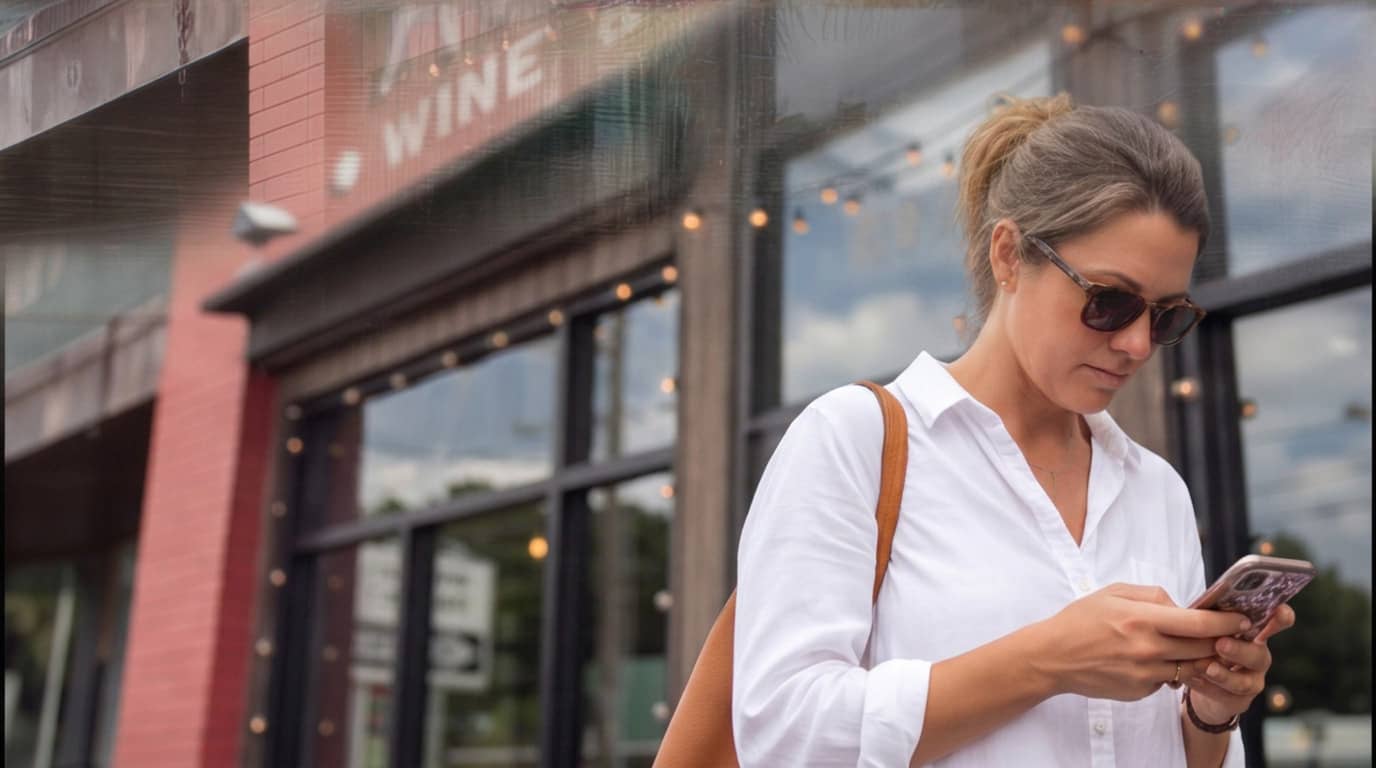 Woman checking her smartphone outside an Avondale storefront in West Ashley, Charleston.